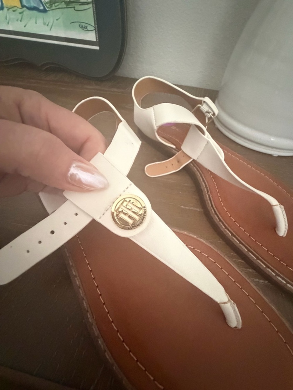 Tommy Hilfiger White Leather T-Strap Sandals with Gold Logo